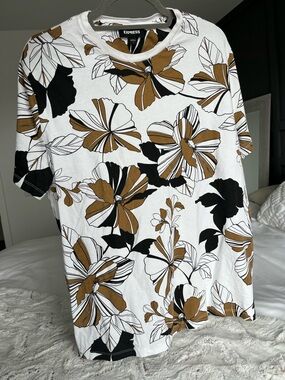Express White Tee with Brown and Black Floral Print